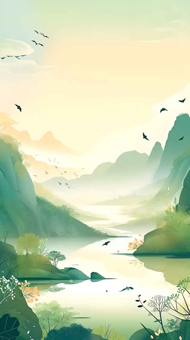 一幅卡通风景画上面有一条河和几只鸟 1