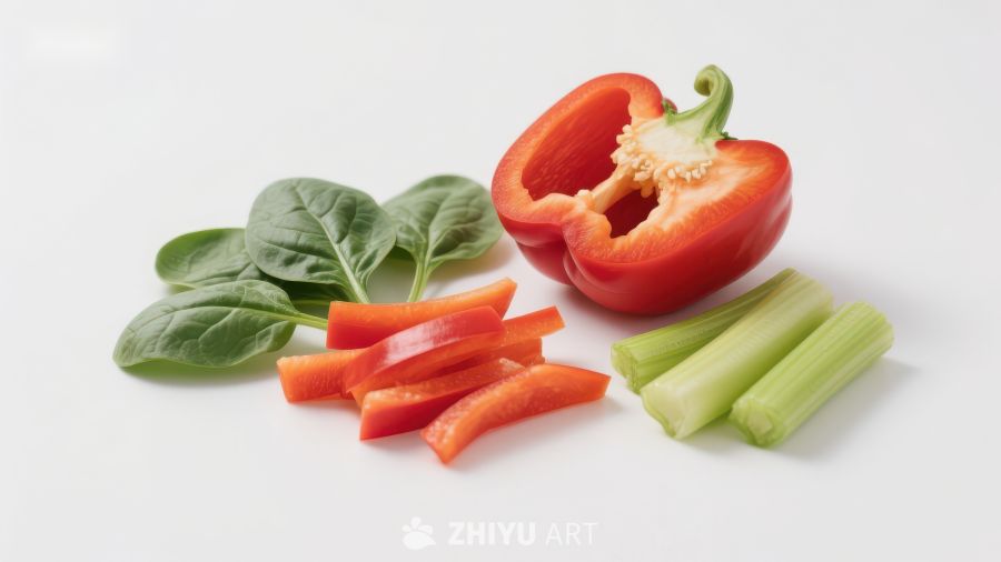 新鲜蔬菜组合：甜椒、菠菜和芹菜