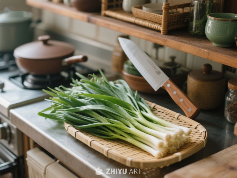 厨房案板上的新鲜葱和刀具 34