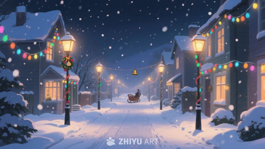 雪夜小镇的温馨节日景象 429