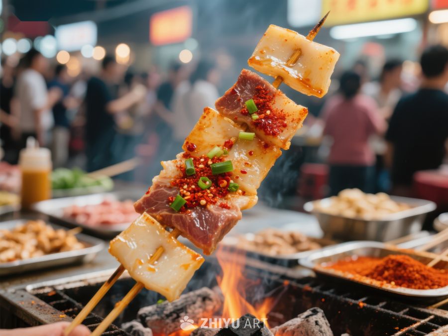 夜市烧烤：肉串与豆腐在火焰上翻滚
