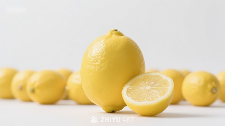 新鲜柠檬排列，一个切开展示内部