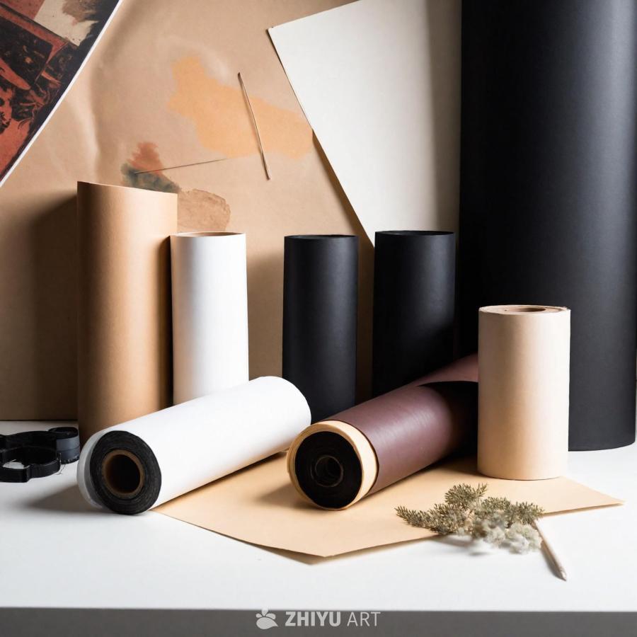 画面中展现了用于产品摄影的多种卷筒和背景布。桌面上