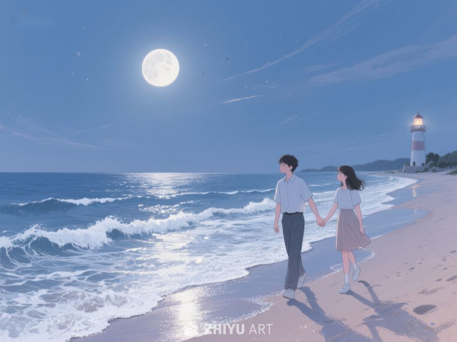 月夜海滩漫步的情侣 1234