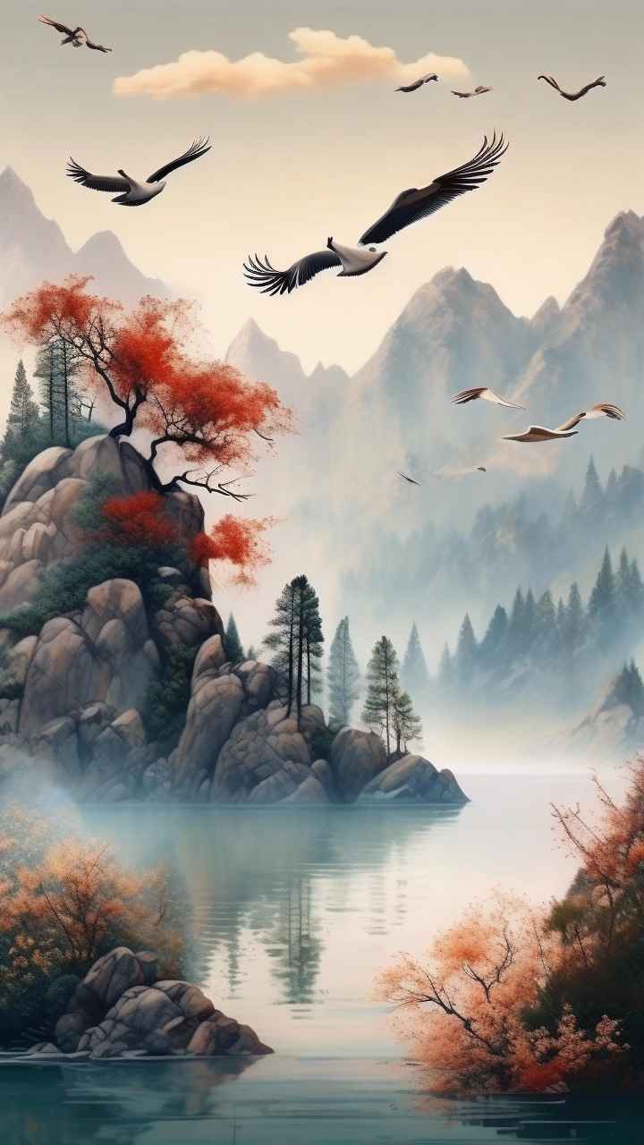 国风山水鹤插画背景 6