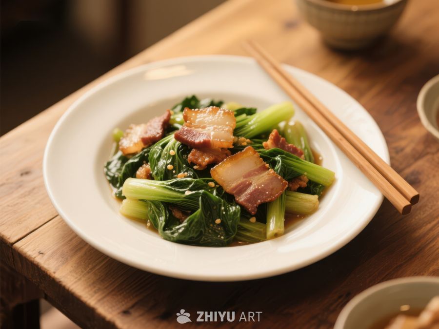 炒青菜配五花肉的美味佳肴 54