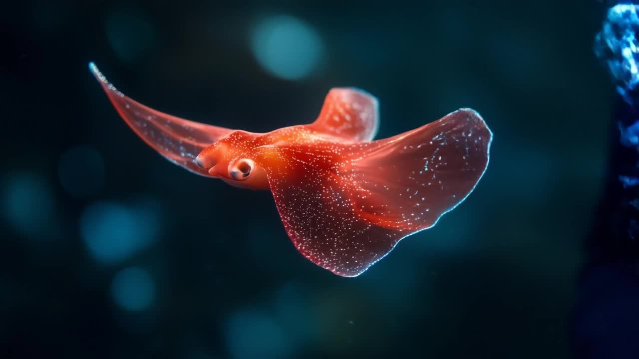 一只鲜红色的、带有生物发光效果的鳐鱼混合物，在水下