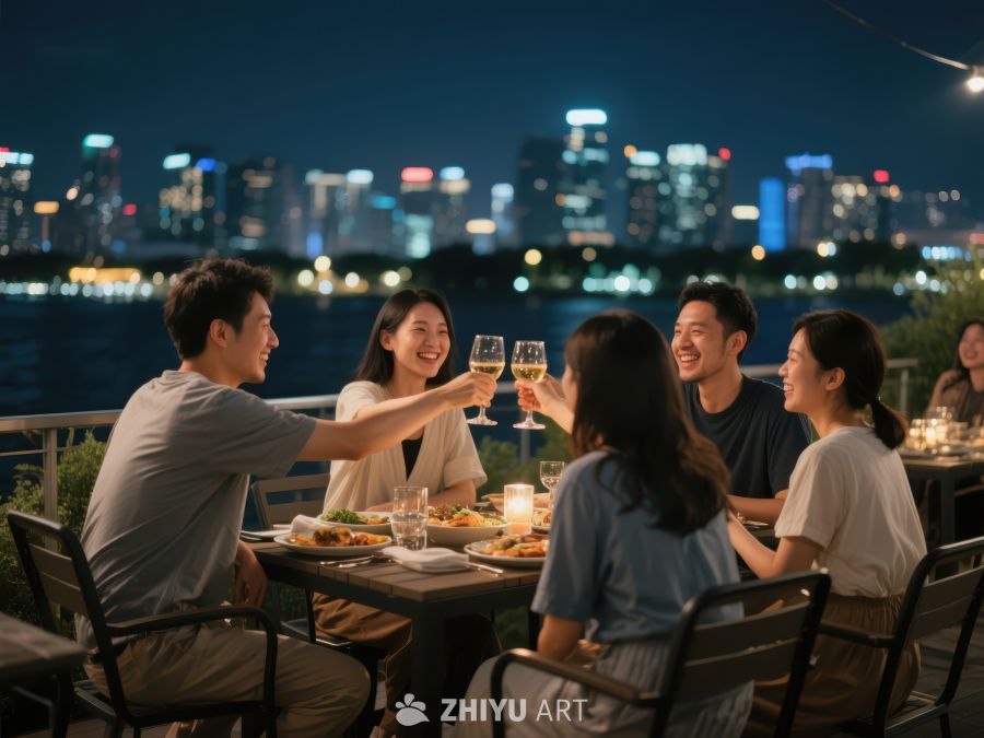 夜景下朋友聚餐共享美好时光 832