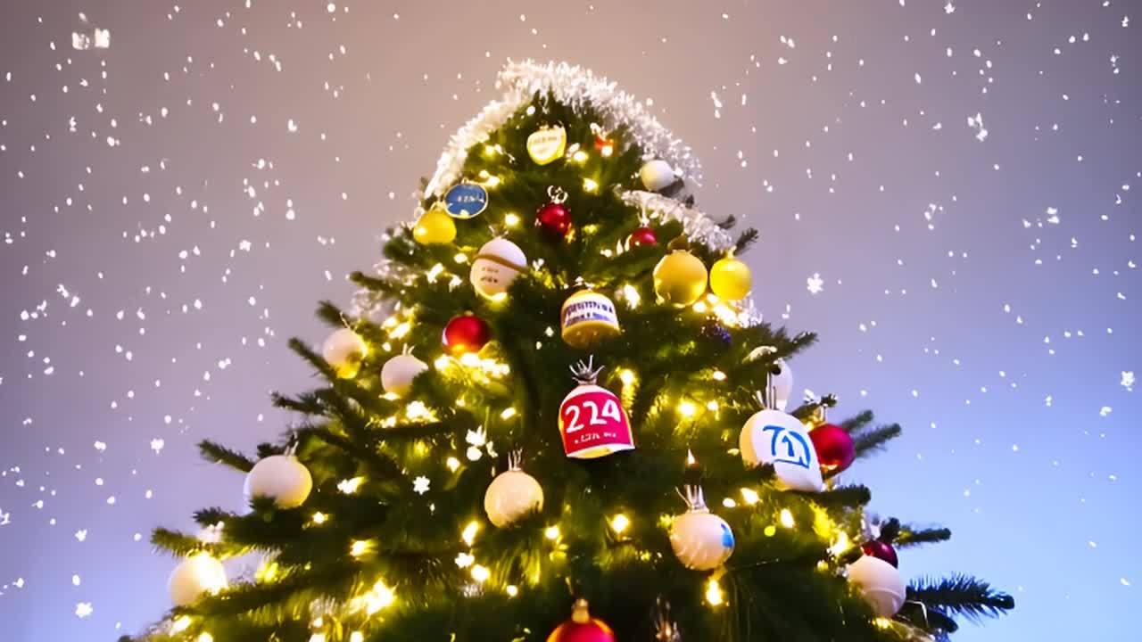 一棵装饰精美的圣诞树，树上挂满了2024主题的装饰