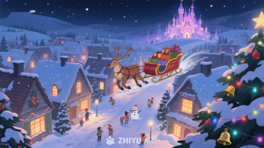 圣诞夜雪景与驯鹿雪橇 234