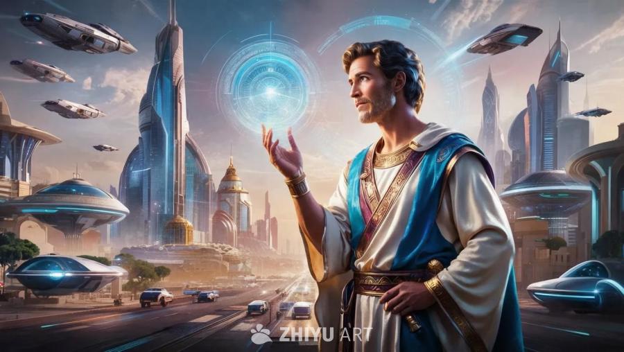 一个身穿古代服饰的男子站在未来城市的前景中。他留着