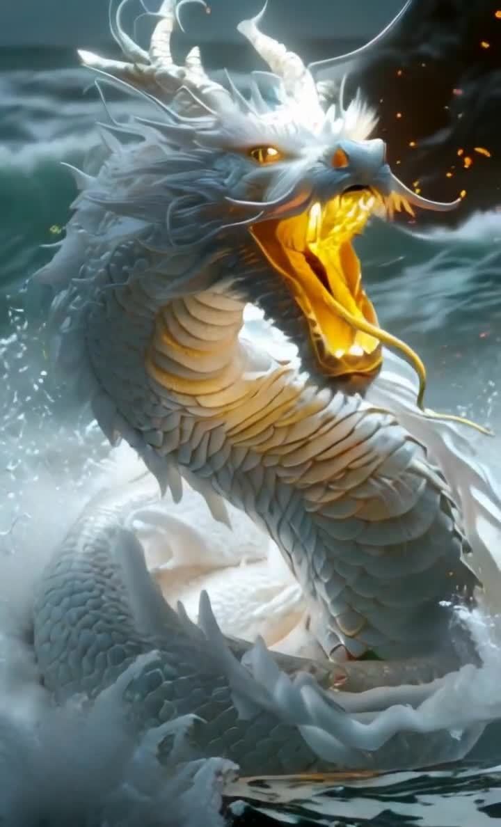 白龙现身，口吐金光，巨浪滔天奇幻景象。