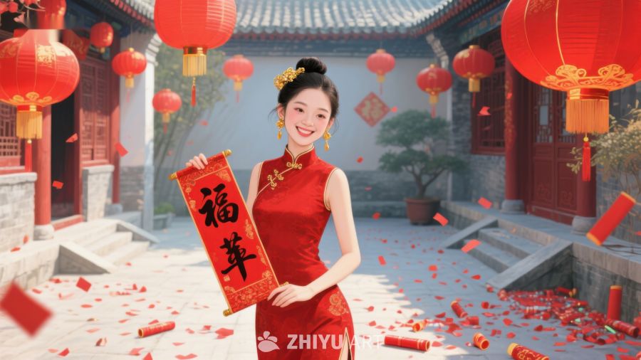 女子手持福字，庭院红灯高挂迎新春 728