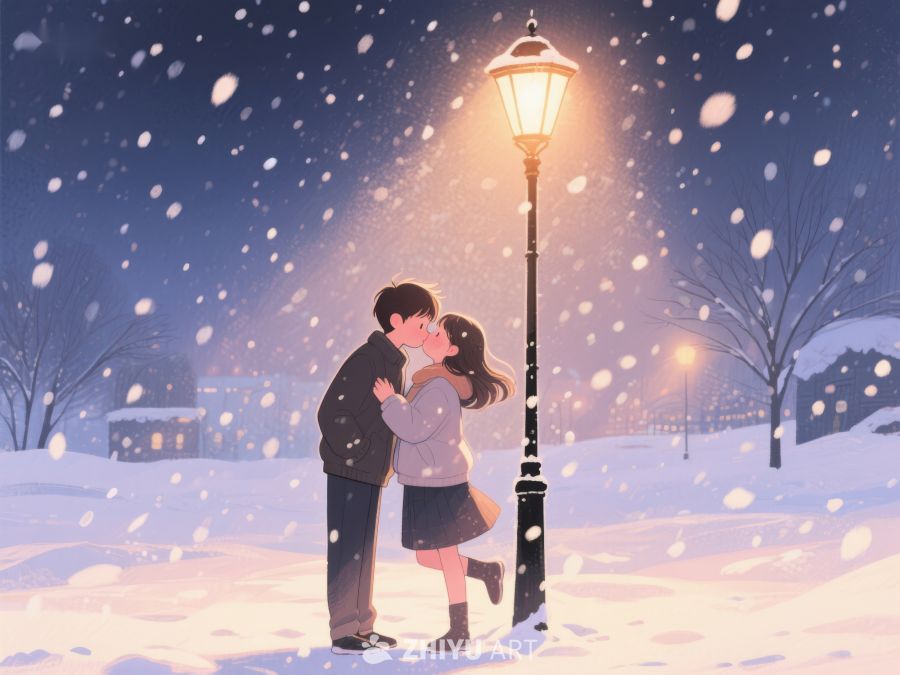 雪夜路灯下的温馨拥抱 986