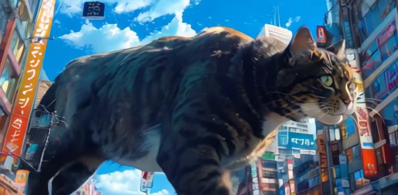 一只巨大的猫，带有条纹图案，正穿过城市街道。城市的