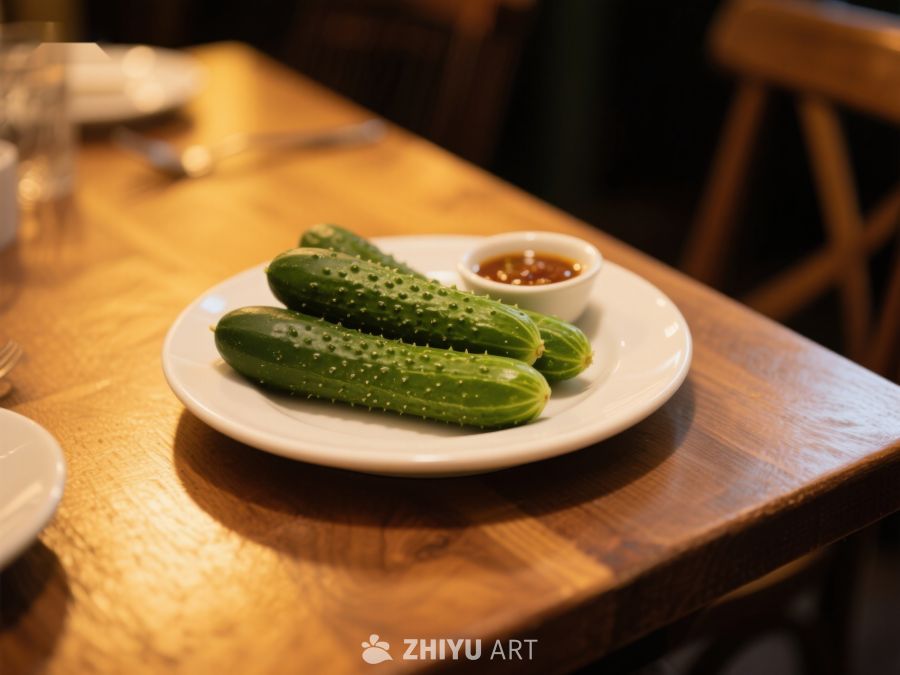 盘中黄瓜配蘸酱，餐桌静谧一景 277