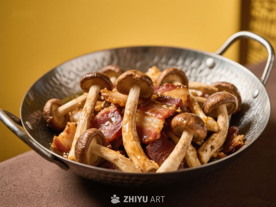 铁锅中的蘑菇培根美食 976