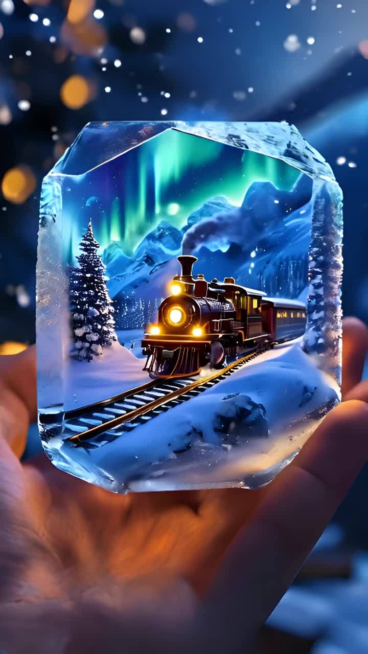 火车行驶在铁轨上，周围被冰雪覆盖。火车冒着蒸汽，车