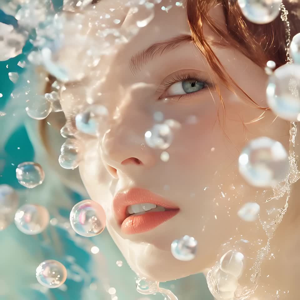 一个女人的脸部特写，她的皮肤被水珠覆盖，周围漂浮着