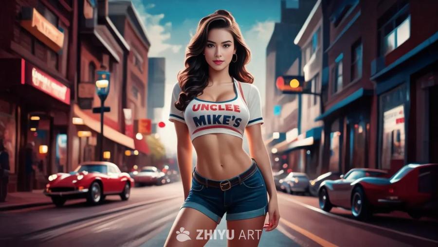 一位女性站在城市街道上，她穿着一件印有“UNCLE