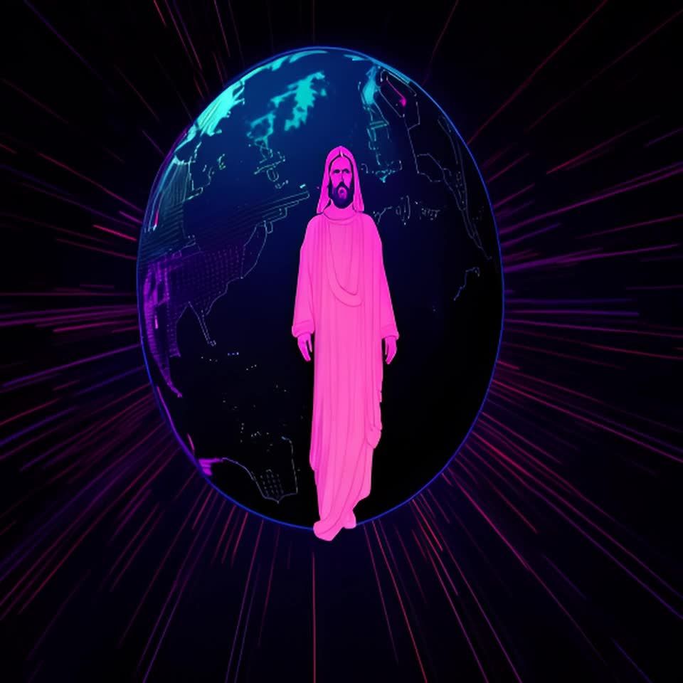 一个身着粉色长袍的人形站在一个蓝色的星球前方，背景