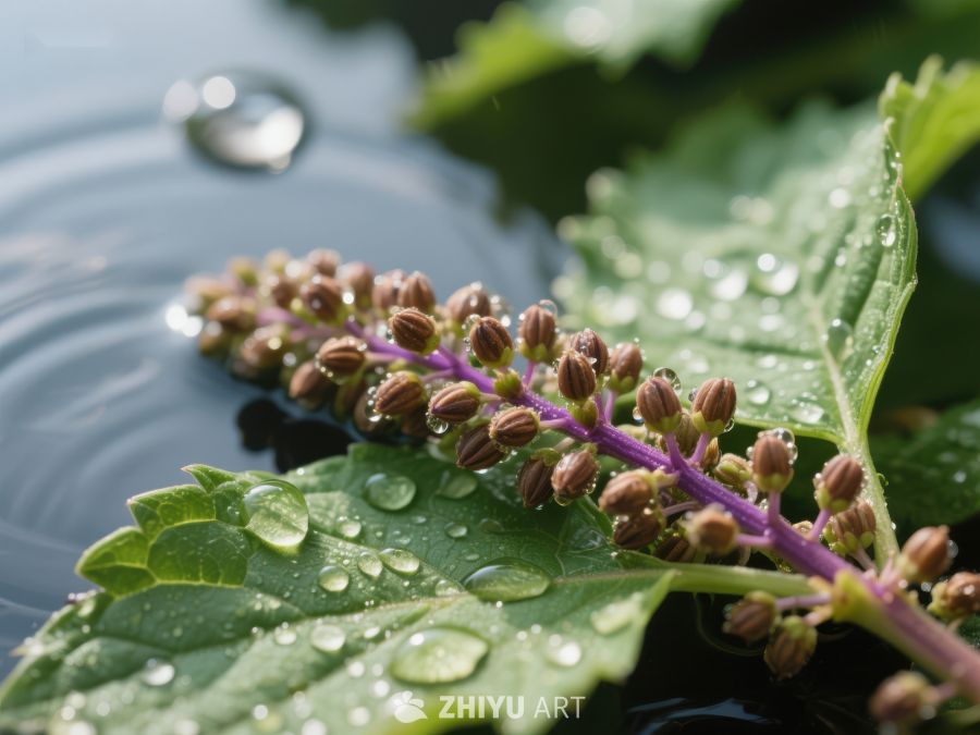 水滴轻触绿叶与花蕾 370