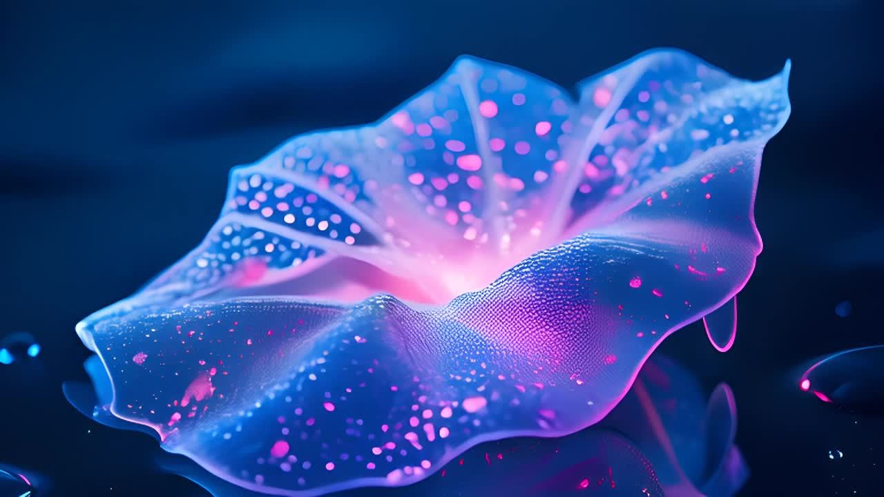 一个发光的蓝色花朵漂浮在深蓝色背景上，花瓣上分布着