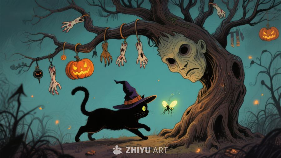 万圣夜的神秘树与黑猫