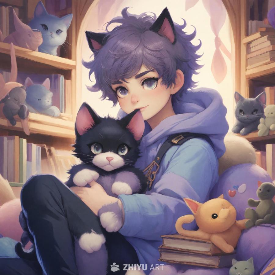 一个男孩坐在书堆旁，怀里抱着一只黑白相间的猫。男孩