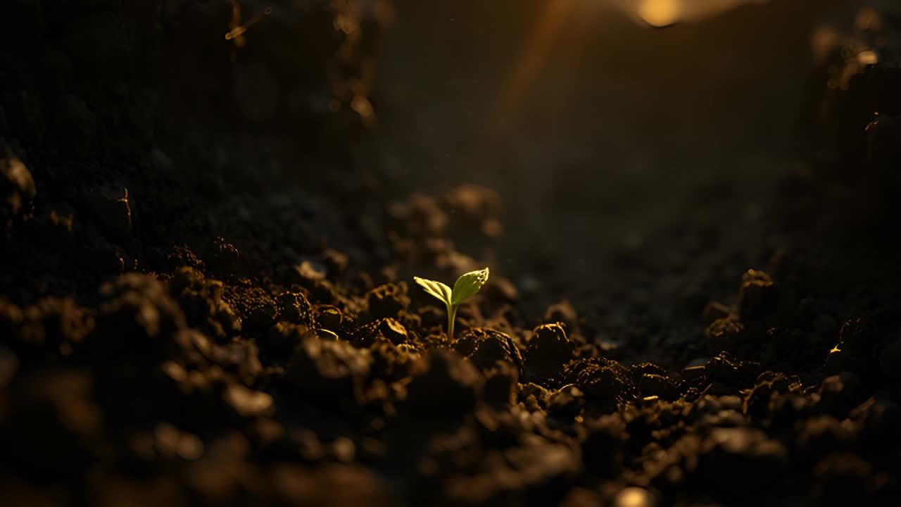一颗埋在土壤中的种子正在努力地穿透泥土，一缕柔和的