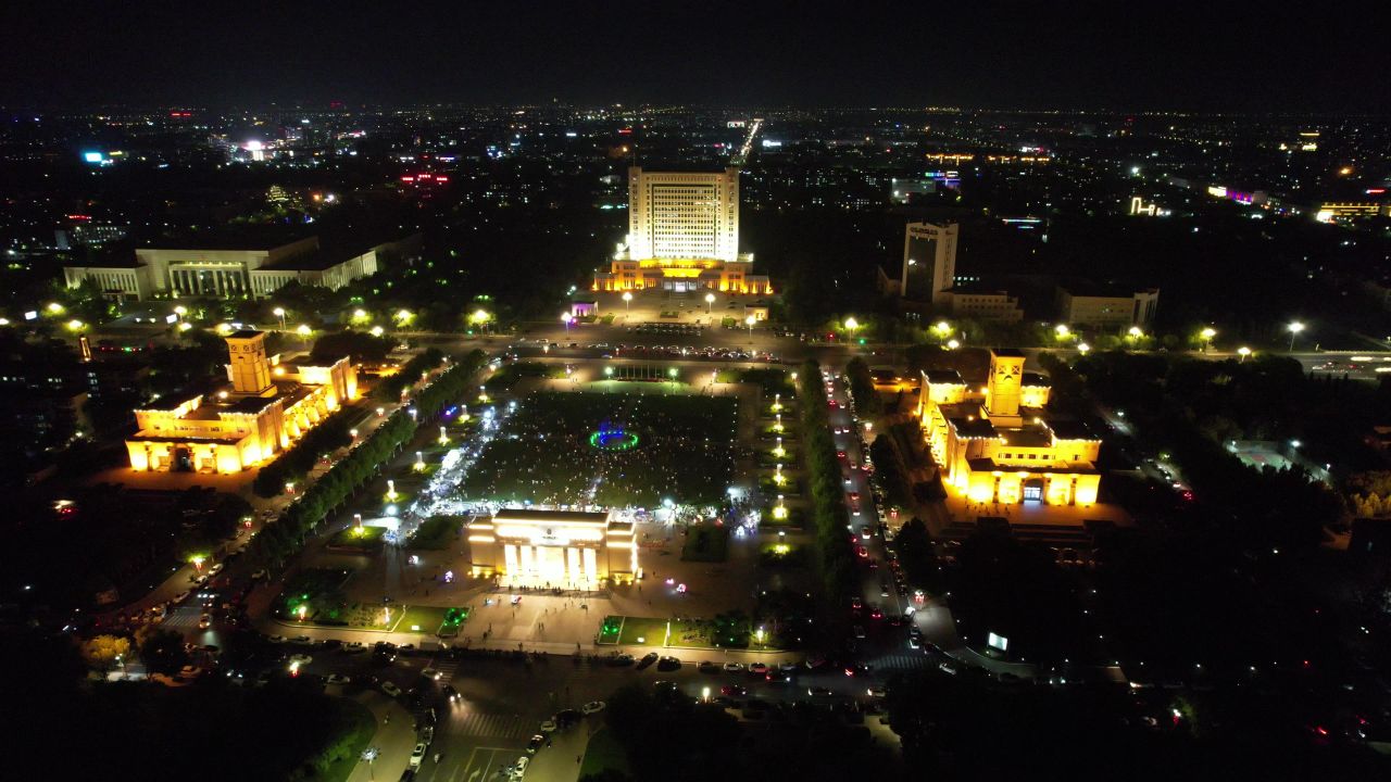山东东营城市夜景灯光航拍 