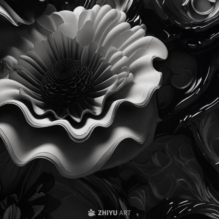 黑白壁纸上呈现一个3D花朵造型，花朵的细节复杂，曲