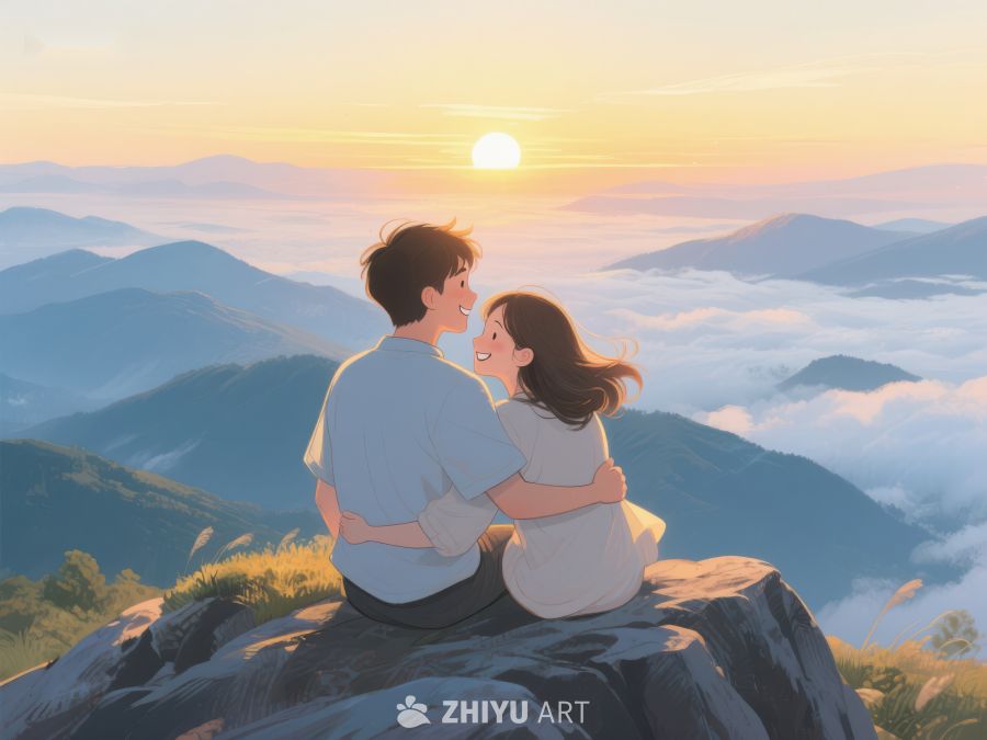 山顶情侣共赏日出美景 629