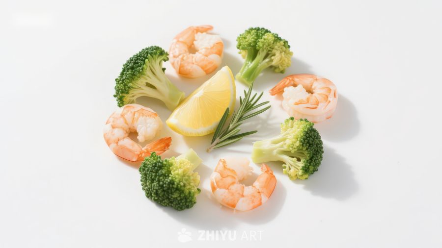 虾仁西兰花柠檬摆盘