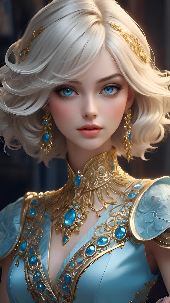 一个有着浅金色短发的女性，佩戴着金色和蓝色宝石的首