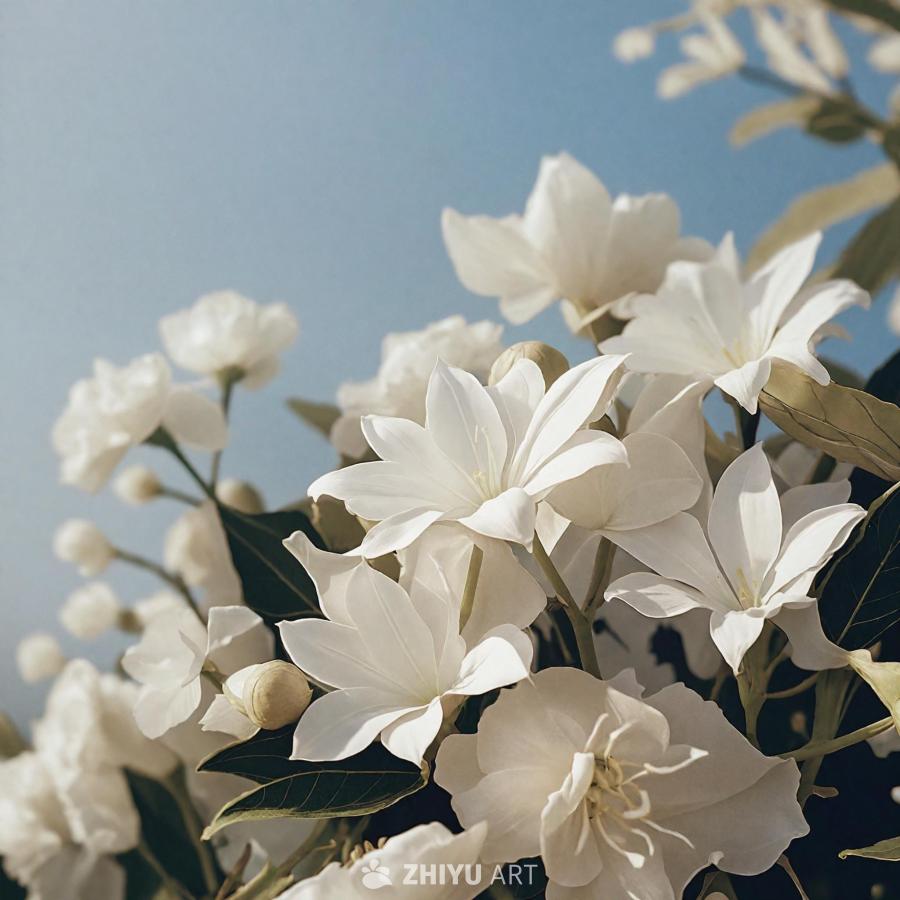各种大小和形状的白色花朵，以视觉上吸引人的方式排列