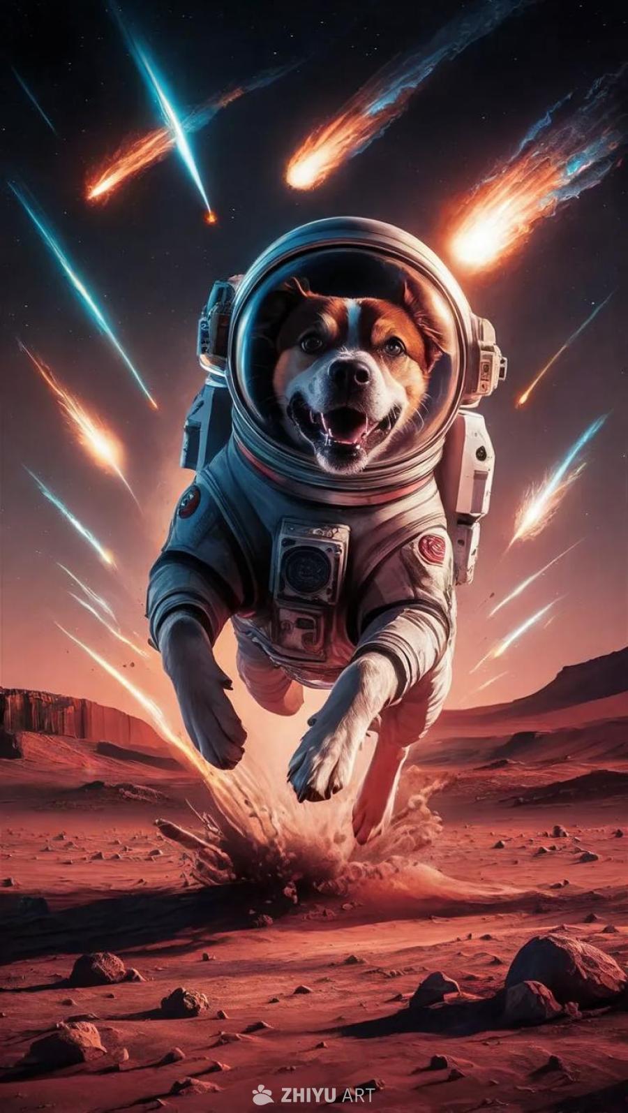 一只太空犬穿着宇航服，在火星上跳跃，背景是流星雨。