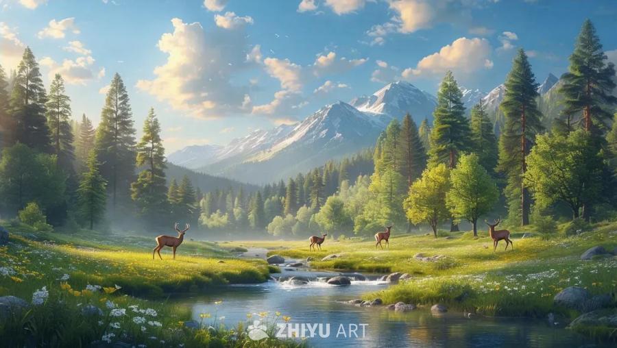 草地上有四只鹿，一条小溪穿过草地，溪水清澈。远景是