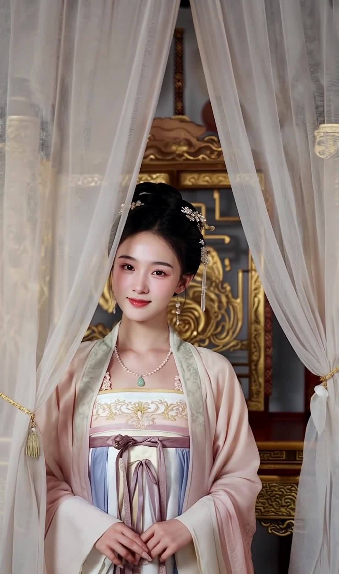 汉服女子素纱帷幔前，精致丸子头，绫罗绸缎饕餮纹家具