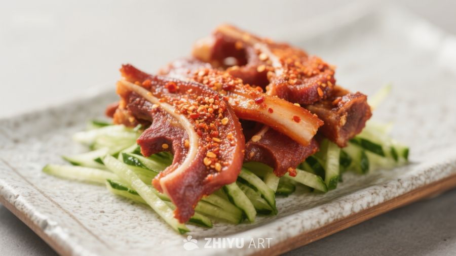 辣味腌制肉片配黄瓜丝