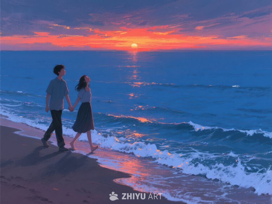 情侣海边漫步，夕阳映照波光 535