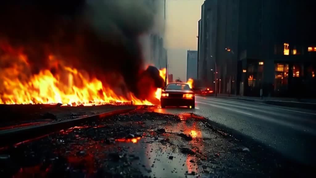 城市道路上，一辆汽车起火燃烧，冒出浓烟，路面有水洼