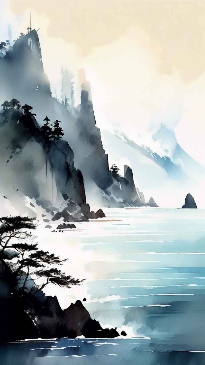 雾气缭绕水墨山水画简约风格 9