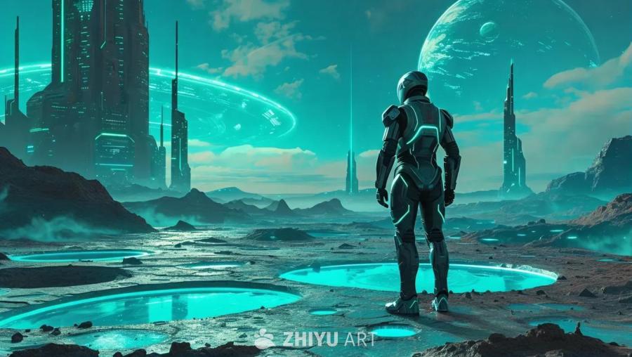 一个身着机器人服装的男子站在一个充满水洼的土地上，