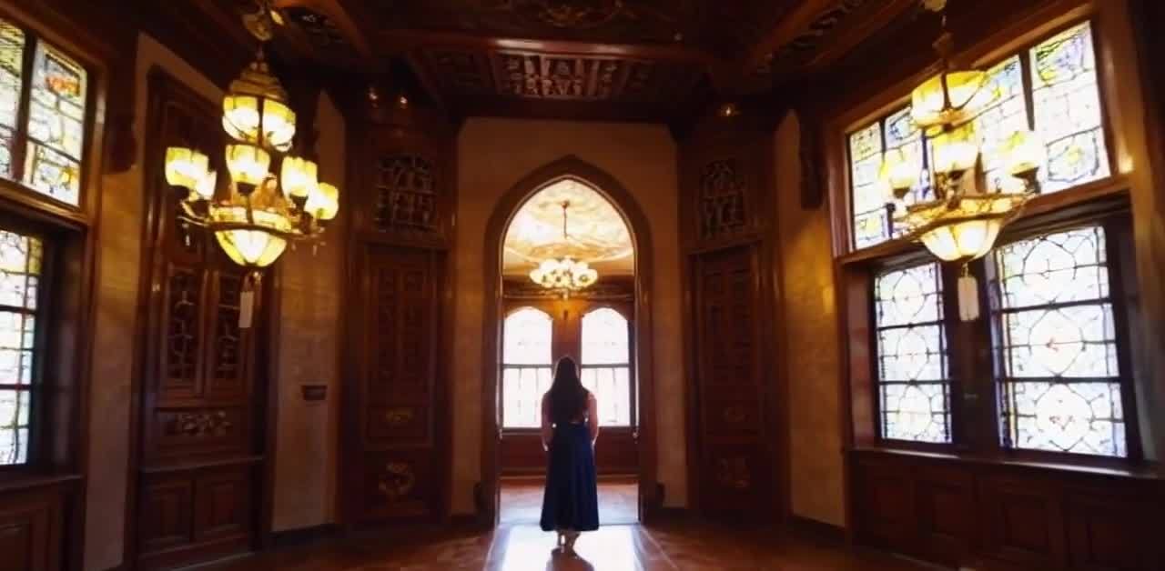 一个长发女孩穿着深蓝色长裙站在一个古色古香的房间里