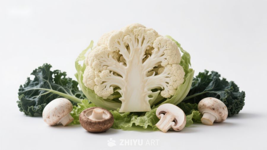新鲜花椰菜与蘑菇、羽衣甘蓝的组合