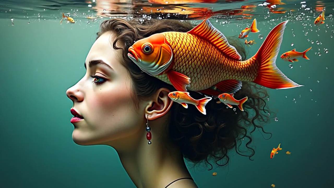 一个女性的侧脸，浸没在水中。她的头发是卷曲的棕色，
