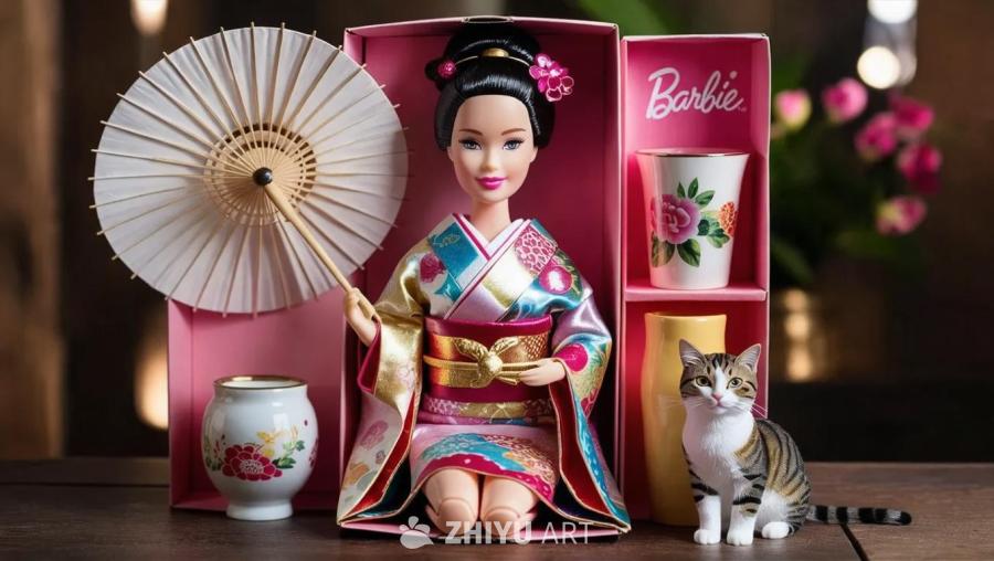 一个芭比娃娃在其包装盒里，穿着日本服装和服，手持一
