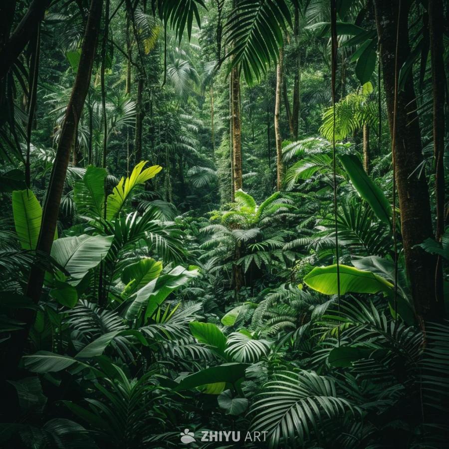 茂密的丛林中，高大的树木耸立，棕榈树叶和各种绿色植