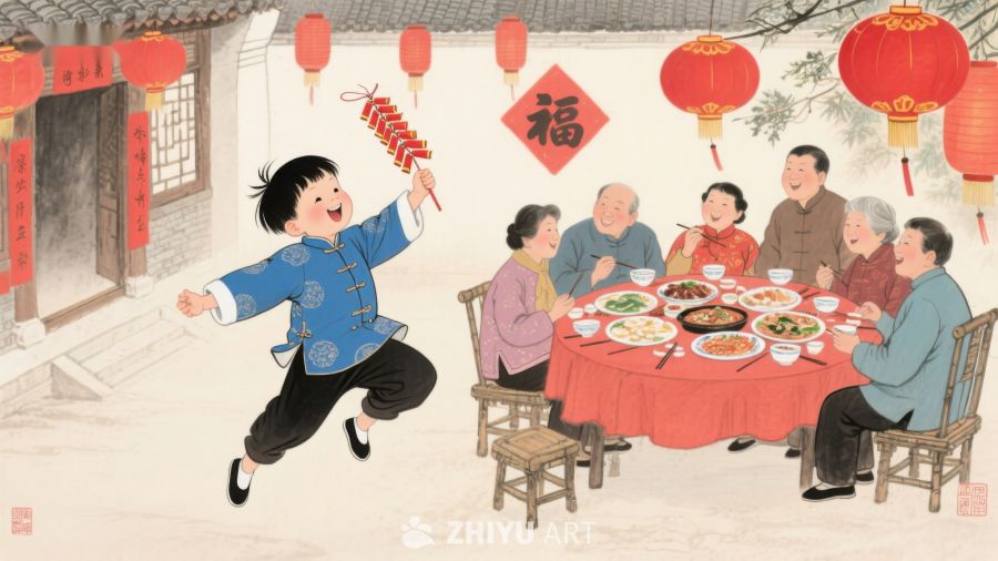 新年家庭聚餐，孩童燃放鞭炮 1056
